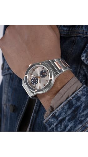 GUESS Stainless Steel Analog Grey Dial Men's Watch-Gw0795G2, Band_ Silver, Dial_ Beige