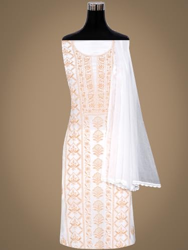 Ada Hand Embroidered Lucknowi Chikankari Unstitched Crepe Dress Material Suit Piece with Dupatta for Women 08A500843 White