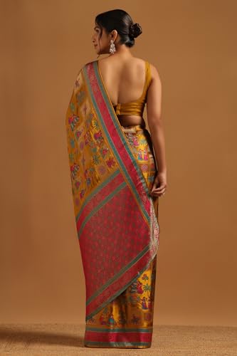 Soch Womens Mustard Satin Ethnic Motif Saree With Zari Woven