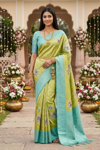 SREE KUMARAN Women's Kanchipuram Kubera Silk Pure Pattu Sarees – Peacock Art Butta With Blouse