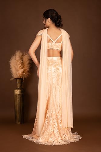 The Behruz Theory Heavy Embroidered Fusion Peach High Slit Lehenga (Large)