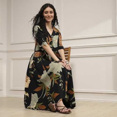 Biba Women Black Viscose Rayon Straight Printed Dress_40