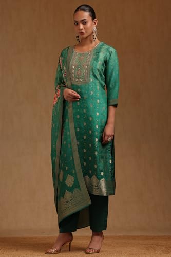 Soch Womens Green Russian Silk Ethnic Motifs Salwar Suit With Zardosi Work