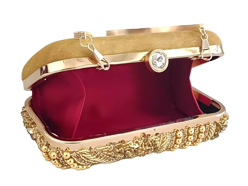 DUCHESS Golden Pearl Embellished Clutch for Women | Sequin & Beaded Party Purse | Elegant Wedding Handbag for Girls | Stylish Bridal Accessory | Designer Evening Bag for Festive Occasions