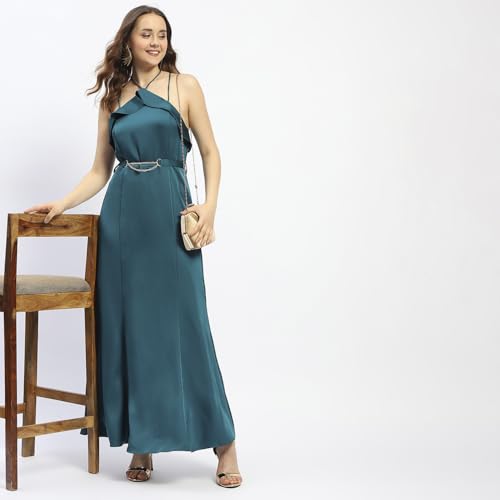 Madame Halter Neck Metal Accented Belt Teal Maxi Dress