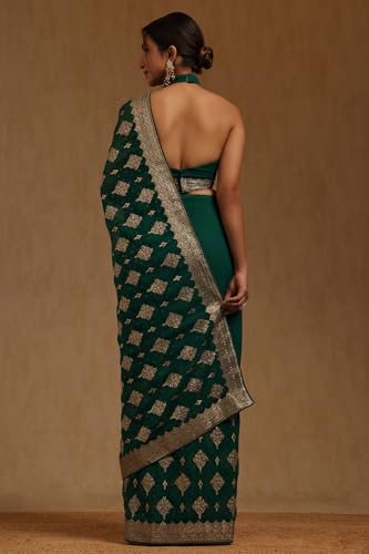 Soch Womens Teal Green Georgette Floral Zari Embroidered Saree With Stone Work