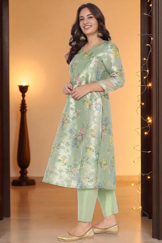 W for Woman Mint Green Printed Jacquard A-line Kurta, Straight Pant and Dupatta Set (Size: M)-WS13230-126423