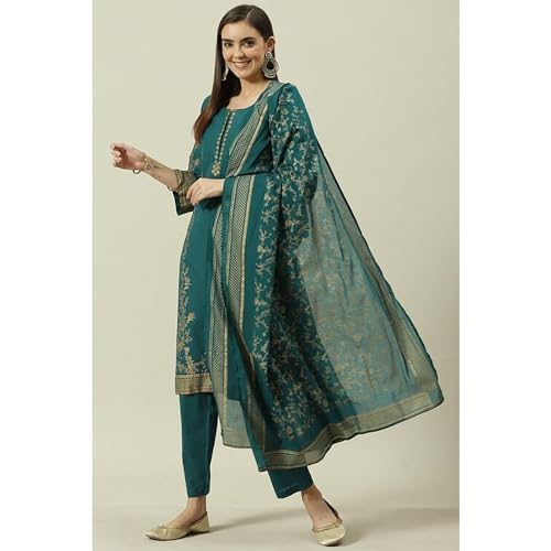 BIBA Women Cotton Straight Printed Suit Set (SKD7057EAW21TGRN_Green