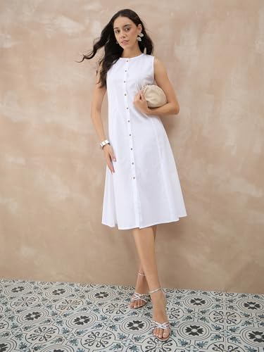 GulaboSitabo Women’s Halter Neck Pure Cotton Sleeveless Knee Length Dress for Women with Button Closure & Belt | Organic Cotton Ready to Wear Casual Party Outfit White