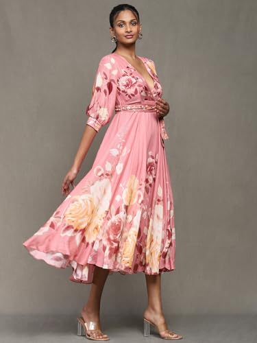 Ritu Kumar Rose Pink Botanic Print Long Dress with Attached Belt
