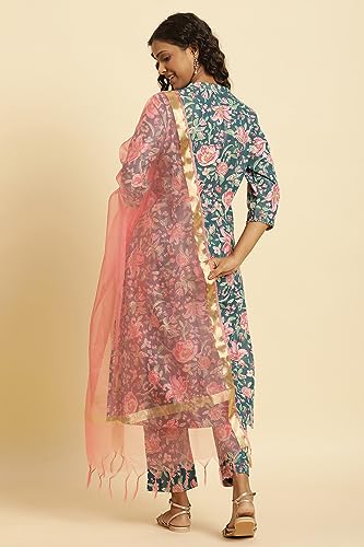 Teal Blue Printed Kurta, Bottom and Organza Dupatta Set_24AUWS10161-122807_M