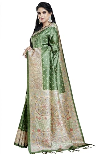 RANI SAAHIBA Women's Printed Art Tussar Silk Madhubani Saree With Blouse Piece (SKR11664_Olive Green)