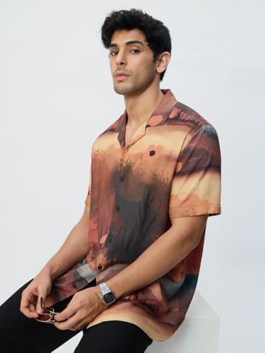 The Souled Store Hawaiian Shirt: Autumn Men and Boys Short Sleeves Collared Neck Button Front Brown All Over Printed Rayon Regular Fit Lightweight Casual Holiday Shirts