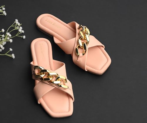 LOUIS STITCH Women’s Slip-On Cross Strap Flat Sandals | Comfortable Peach Ladies Sandal | LSOF-FI04-CSBPE | UK-5