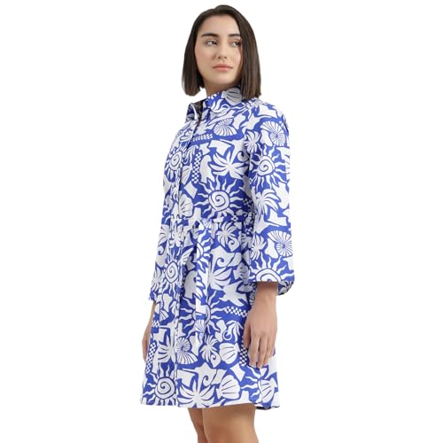 United Colors of Benetton Regular Fit Spread Collar Printed Dress (Size : XS) - 26P4WVNDR318I901 Blue