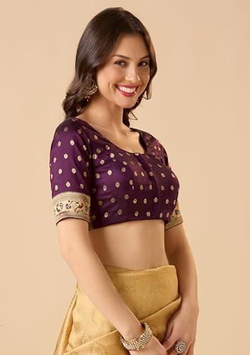 S SALWAR STUDIO Brinjal Paithani Silk Round Neck Readymade Blouse Violet