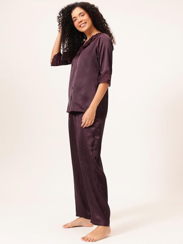 Clovia Women's Satin Button Down Top & Pyjama Set (LS5744G15_Purple_L)