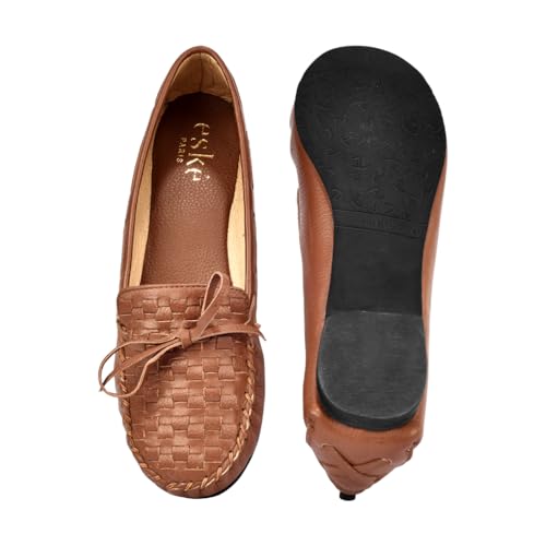 eske Women's Woven Leather Moccasins | Soft Genuine Cosmos Leather | Cushioned Insole | Slip-On Comfort Shoes | Lightweight Flat Driving Loafers (Summer Cognac, UK Footwear Size System, Adult, Women, Numeric, Medium, 3)