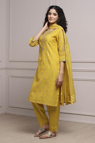 Biba Women Lime Cotton Blend Straight Yarndyed Suit Set_46