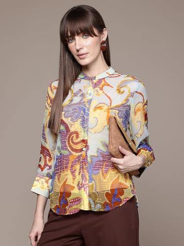 Label RITU KUMAR Ecru Multi Francis Mandarin Collar Neck Shirt with Camisole