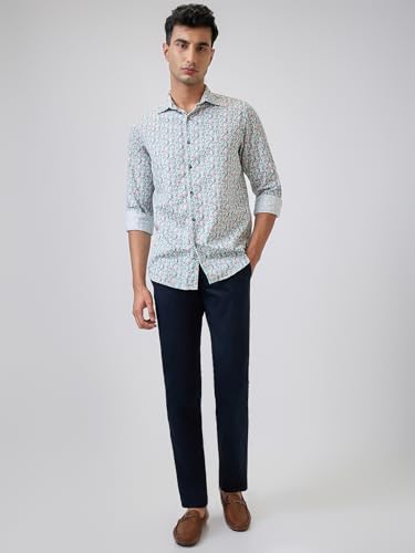Colorplus Men Regular Fit Print Pattern Pure Cotton Plain Collar Full Sleeve Casual Shirt (Size: 2XL)-CJSS00739-B4 Blue