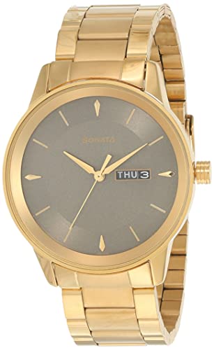 Sonata Utsav Quartz Analog With Day & Date Grey Dial Gold Stainless Steel Strap Watch for Men - NT7133YM02
