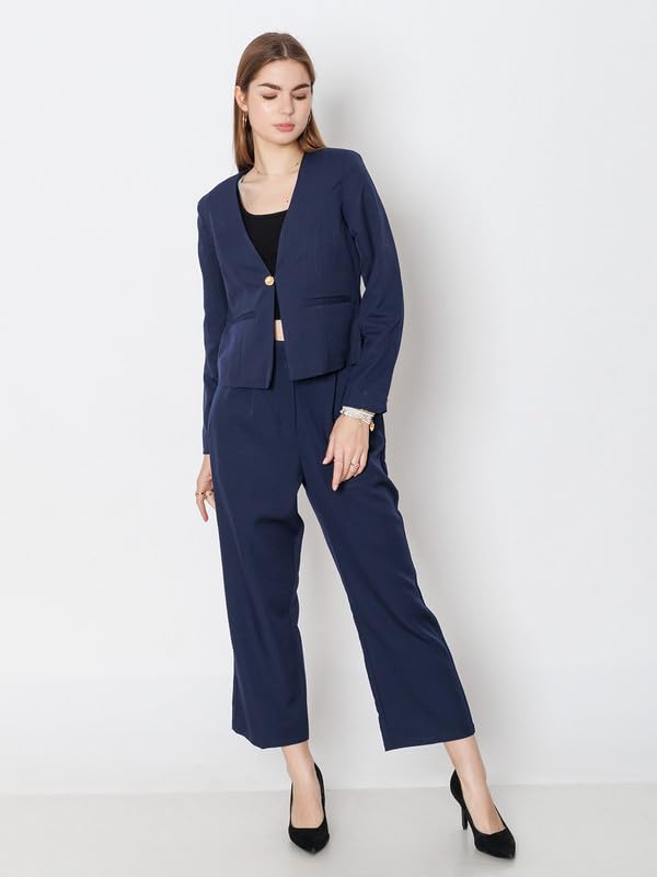 Zink London Women's Navy Blue Solid Fitted Blazer
