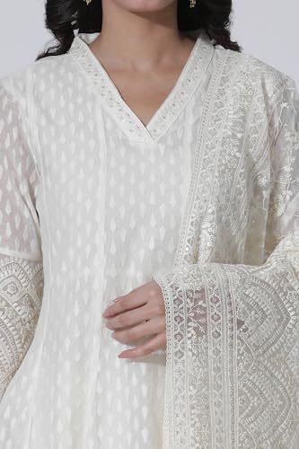 W for Woman Off-White Cotton Blend Anarkali Embroidered Kurta, Straight Pants and Dupatta Set (Size: 3XL)-24FESP10670-313617