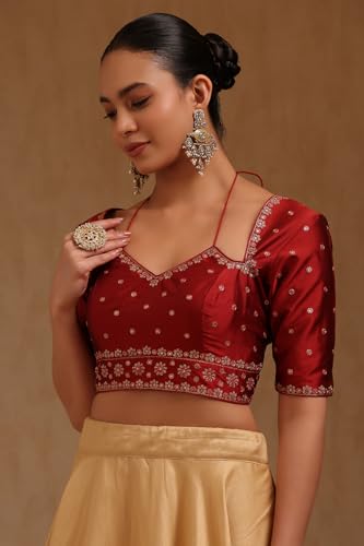 Soch Womens Maroon Tussar Embroidered Padded Blouse with Zari