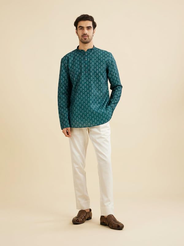 Manyavar Men's Cotton Blend Digital Print Short Kurta (Teal Green,M)