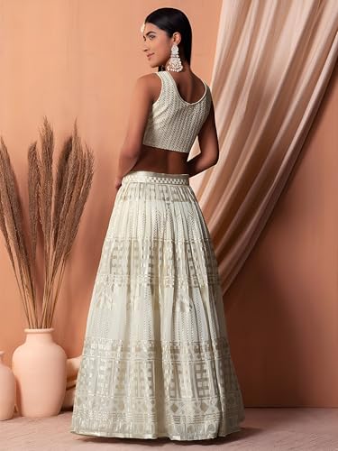 Zeel Clothing Women's Sequins Thread Embroidered Georgette Semi Stitched Lehenga Choli With Dupatta (5115-White-Wedding-Stylish-Latest; Free Size)
