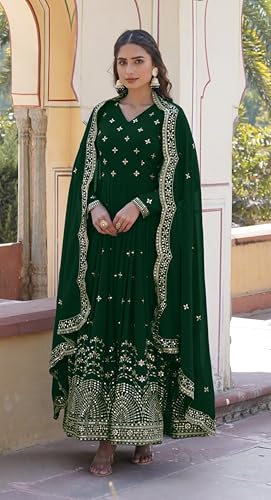 Fashion Basket Faux Georgette Sequins Anarkali Dress for Women (in, Alpha, XL, Regular, Green)
