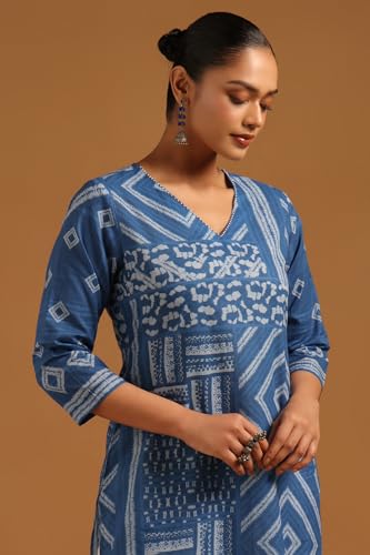 Soch Womens Indigo Cotton Geometric Kurta with Hand Embroidery and Bead Details