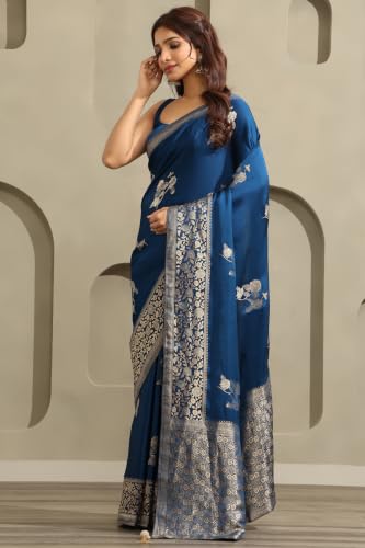 Soch Womens Navy Blue Satin Botanical Zari Woven Saree