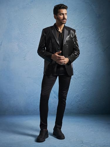 VASTRAMAY Men's Black Viscose Blazer & Pant Set - Allover Sequined Blazer Versatile to Be Adorned Over Shirt and Trouser