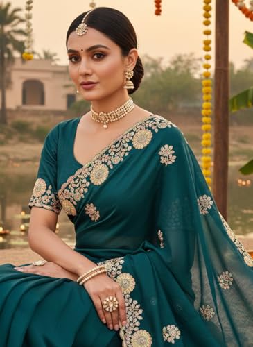 Glory Sarees Women's Silk Georgette Embroidery Work Saree With Blouse Piece (LF853_Teal)