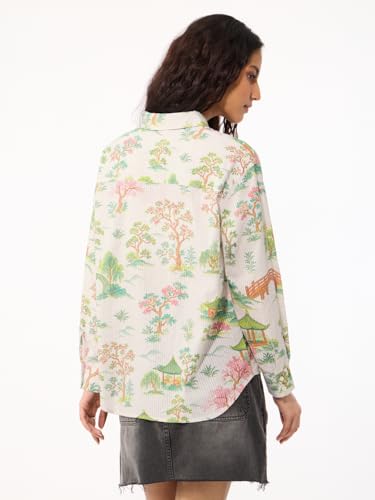 The Souled Store Kaleidoscope Women and Girls Long Sleeves Spread Collar White Scenic Landscape Printed Cotton Oversized Fit Lightweight All-Season Shirt