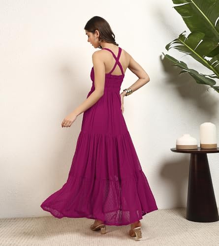 DEEBACO Women's Georgette Dobby Strappy Tiered Maxi Dress|Sleeveless|Sweetheart Neck|Casual Trending Fashion Long One Piece Dresses Women Western(DBDR00002280_M_Magenta)