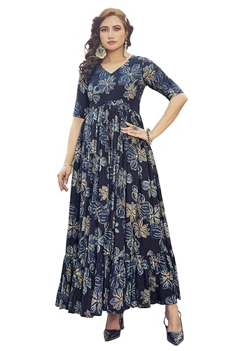 Samprag Rayon Gown for Women | Full Length | Printed | Fit & Flare | 3/4Th Sleeves | V Neck | Stylish | Ideal for Casual, Formal & Party Occassions | Blue | S