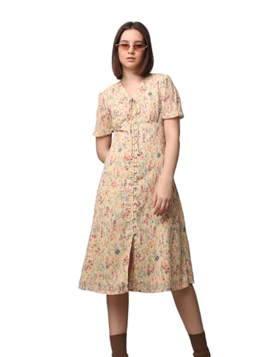 ONLY Women Printed Regular Fit Casual Beige Midi Dress