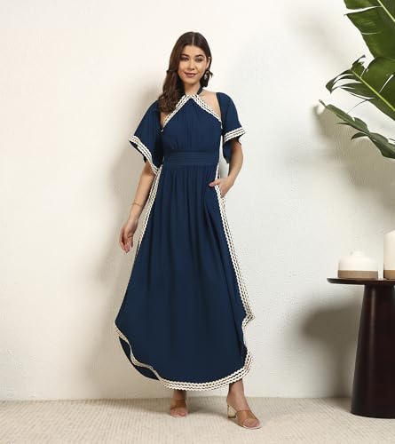 DEEBACO Women's Solid Rayon Slit Ankle Length A-Line Dress|Sleeveless|Halter Neck|Casual Trending Fashion Long One Piece Dresses Women Western(DBDR00002287_M_Teal Blue)
