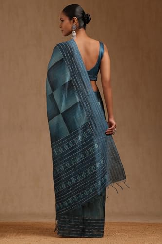 Soch Womens Teal Blue Chanderi Geometric Print Saree With Thread Work