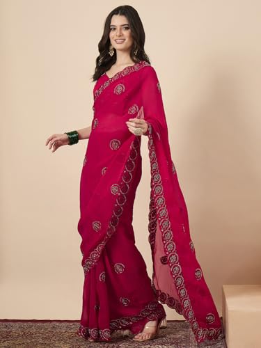 AKHILAM Women's Pink Tissue Embellished Saree With Unstitched Blouse Piece (KRIYNS4701_KH)