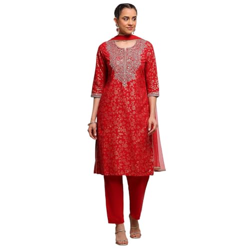 Biba Women Green-Maroon Cotton Straight Printed Suit Set_34