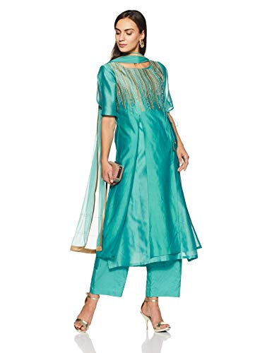 Satya Paul Women's Art Silk Salwar Suit Set (GT1161000_Aqua/Sea Green_Large_Aqua/Sea Green_L)