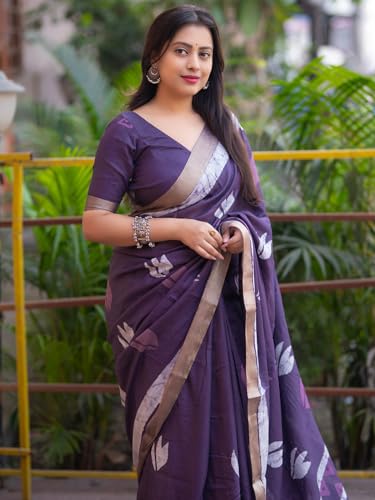 Panzora Women's Lavender Soft Linen Saree With Unstitched Blouse Piece
