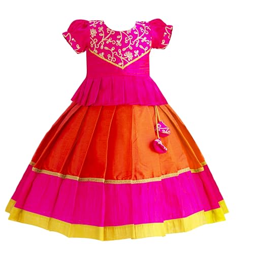 Stanwells Kids Orange & Pink Combo Flared Dress Puff Sleeves Readymade Hand Sequins Embroidery Ethnic Traditional Full Length South Indian Baby Girls Lehenga Choli (6–12 Months)