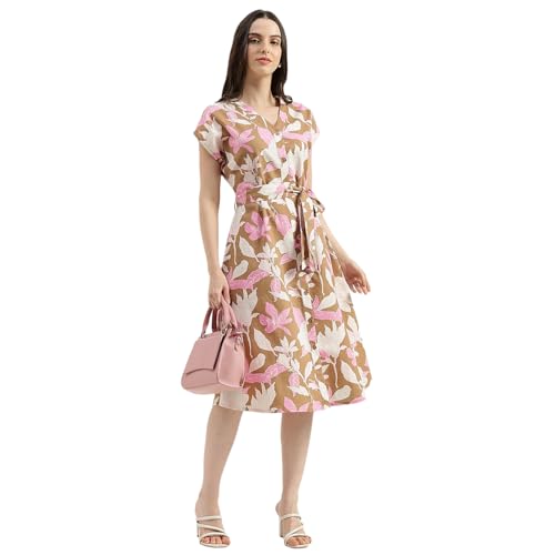 United Colors of Benetton Regular Fit V Neck Floral Extended Sleeve Cotton Linen Dress (Size: XL) - 26P4WVNDR302I901 Beige