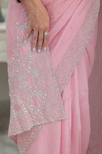 Haus Of Auraa Women’s Festive Traditional Attire with Detailed Weave & Graceful Finish Blush Glimmer Pink Saree with Sequin & Cutdana Detailing