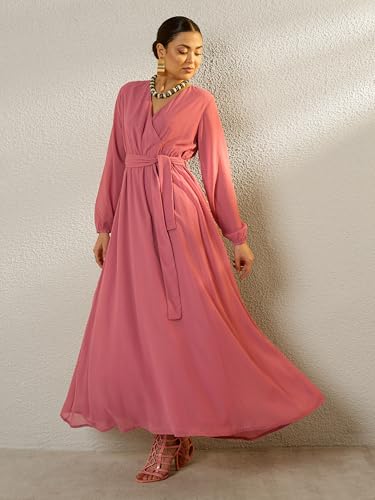 Sassafras Women Pink V-Neck Full Sleeve Maxi Dress-XXL